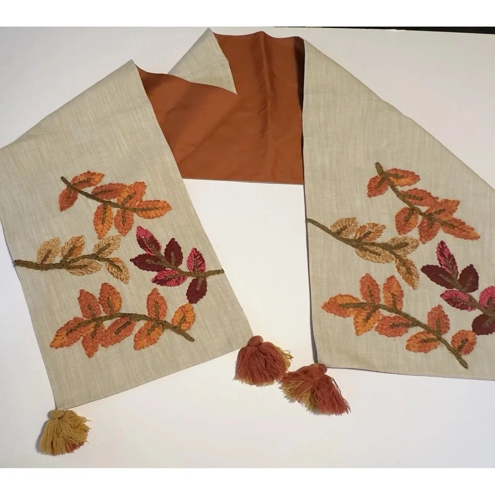 Kirkland's Home Crewel Embroidery Fall Leaf Table Runner 80